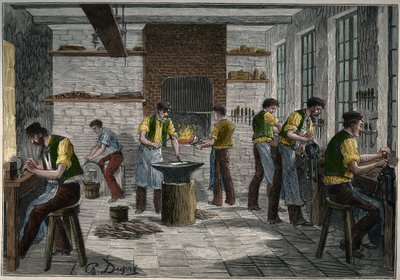 Warsztat sztućców we Francji w XIX wieku. Grawer z 1885 roku w „Les arts et metiers illustres” Adolphe BITARD. autorstwa Unknown artist