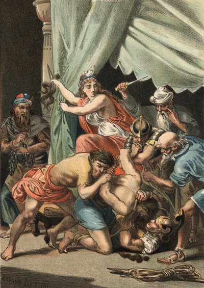 Dalila obcina włosy Samsona, aby był bezbronny, a książka dla Filistynów autorstwa Unknown artist