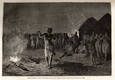 Taniec Malinków, ludność i język Afryki Zachodniej (Gwinea, Senegal, Mali i Wybrzeże Kości Słoniowej), tancerze gromadzą się przy grobowcu nocy, tańcząc wokół ognia w rytm tradycyjnej muzyki. Grawerowanie ilustrujące historię porucznika Mage autorstwa Unknown artist