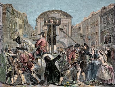 Daniel Defoe (De Foe) (1659-1731) pod pręgierzem w Londynie w 1703 r. za opublikowanie jego ironicznego traktatu „Najkrótsza droga z dysydentami”” – pisarz i awanturnik Daniel Defoe (1659-1731) skazany w 1703 r. na pręgierz za jego scenariusze przeciwko in autorstwa Unknown artist