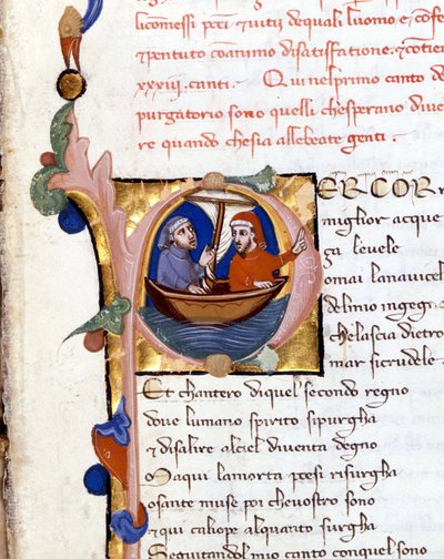 Dante Alighieri: Boska komedia (Boska komedia) incipit czyśćca. Dante i Wergiliusz. rękopis z XIV wieku. Mediolan biblia. Trivulziana autorstwa Unknown artist