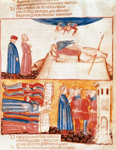 Dante i Virgil spotykają dusze brutalnie zmarłych ludzi. Podświetlana strona ilustrująca pieśń Antyczyściec z „Divina Commedia” Dantego Alighieri (1265-1321). XIV wiek, Wenecja, Biblioteca Marciana autorstwa Unknown artist