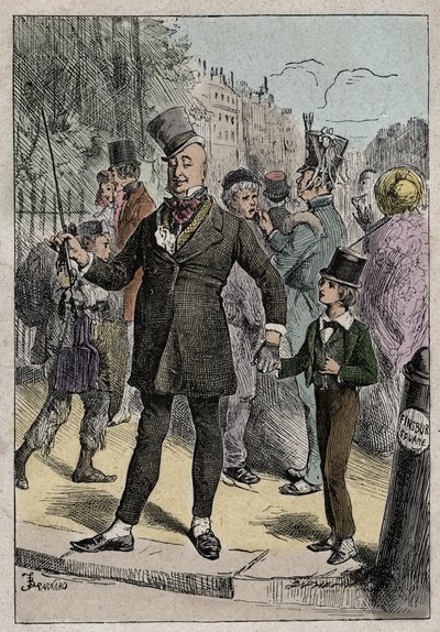 David Copperfield i pan Micawber, ilustracja z „Dawida Copperfielda” Charlesa Dickensa („Pan Micawber zadbał o to, żebym znał nazwy ulic”) autorstwa Unknown artist