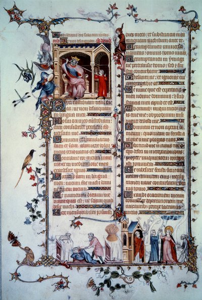 Dawid grozi Saulem. Alegoria chciwości. Sakrament Komunii. Alegoria miłości. Miniatura zaczerpnięta z Psalmu „Breviaire de Belleville”” autorstwa Unknown artist