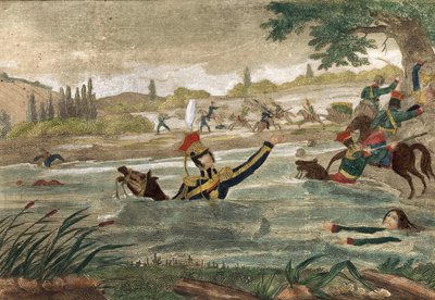 Śmierć księcia Józefa (Józefa) Antoniego Poniatowskiego (ur. 1763) przy przejściu Węgorza w 1813 r., rycina przedstawiająca czas autorstwa Unknown artist