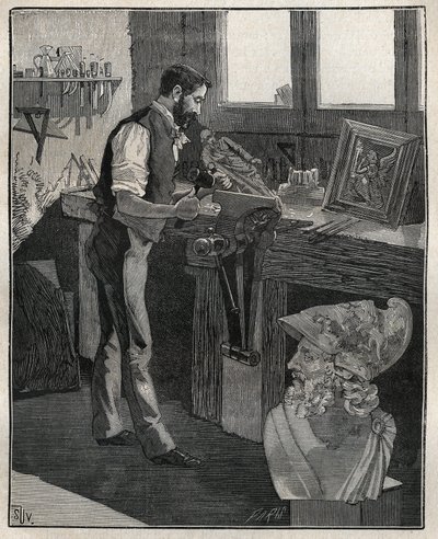 Zdobienie sztućców: dłuto z brązu. Grawer z 1885 roku w „Les arts et metiers illustres” Adolphe BITARD. autorstwa Unknown artist