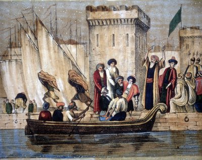 Wyjazd Maurów z Algieru, po kolonizacji francuskiej, Na łódź ładowany jest stary lub chory człowiek. 19 wiek autorstwa Unknown artist