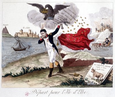 Wyjazd na wyspę Elba: Napoleon trzymający dzwon, nad nim cesarski orzeł przypominający mu tytuły, w tle płonąca Moskwa, na pierwszym planie: Fable de Lafontaine: „”żaba, która chciała być większa od wołu ””” (chétive p autorstwa Unknown artist