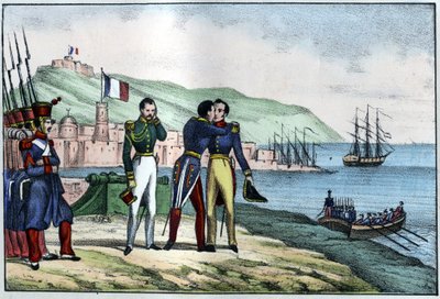 Wyjazd Louisa Auguste, hrabiego Bourmont (Maréchal de Bourmont) (1773-1846) z Algierii w 1830 r. w „”L’Algerie vieille et moderne”” Léona Galiberta. Wydanie włoskie w kolorze 1846. autorstwa Unknown artist