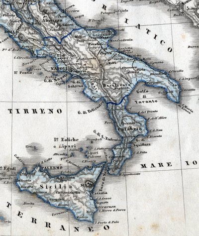 Szczegóły mapy geograficznej przedstawiającej południowe Włochy (regiony Kampania, Kalabria, Sycylia, Apulia, Molise Abruzzo). 19 wiek autorstwa Unknown artist