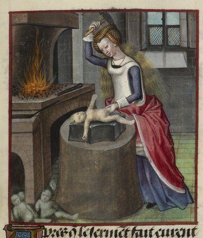 Fragment miniatury przedstawiającej Naturę wykuwającą dziecko, z „Le Roman de la Rose” autorstwa Unknown artist