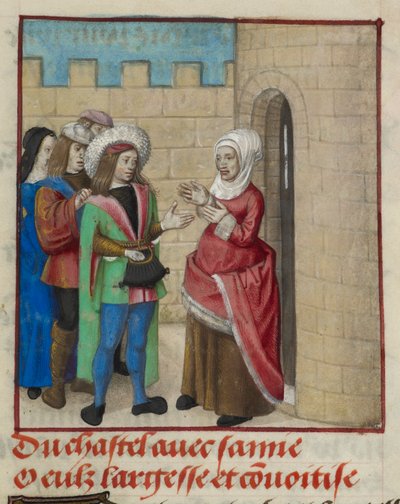 Fragment miniatury Convoitise (chciwość) i Largesse (szczodrość) wchodzących do zamku, z „Le Roman de la Rose” autorstwa Unknown artist