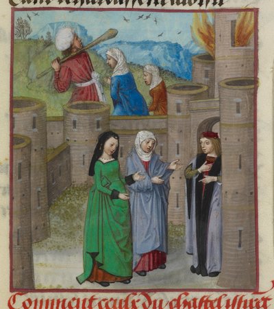 Fragment miniatury Niebezpieczeństwa i innych alegorycznych postaci uciekających z płonącego zamku, z „Le Roman de la Rose” autorstwa Unknown artist