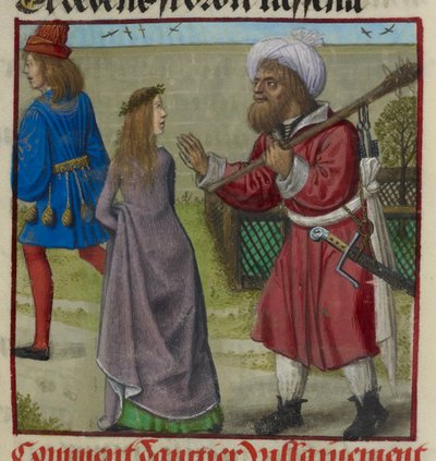 Fragment miniatury Niebezpieczeństwa wypędzającego Kochankę i Bela Accueila (Uczciwe powitanie) z ogrodu, z „Le Roman de la Rose” autorstwa Unknown artist