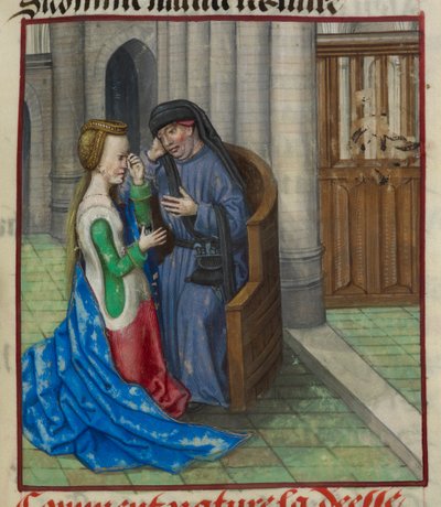 Fragment miniatury Natury spowiadającej się księdzu z „Le Roman de la Rose” autorstwa Unknown artist