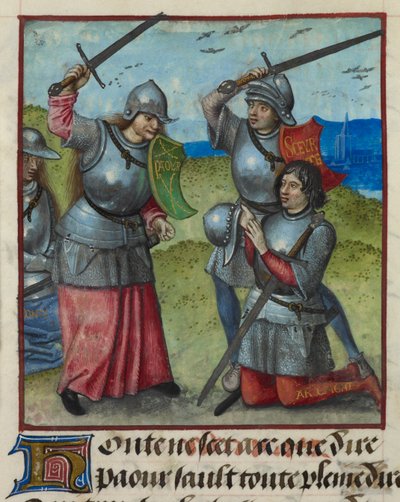 Fragment miniatury walki Peur, podczas gdy Honte patrzy, z „Le Roman de la Rose” autorstwa Unknown artist