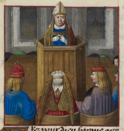 Fragment miniatury kapłana głoszącego kazanie armiom Wenus, z „Le Roman de la Rose” autorstwa Unknown artist