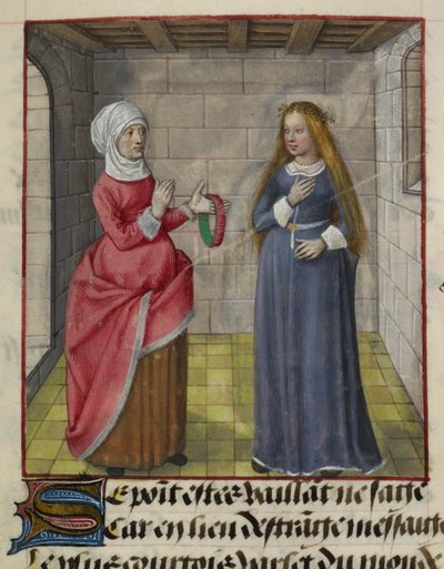 Fragment miniatury la Vieille (Duenna) i Bel Accueil (Uczciwe powitanie) z „Le Roman de la Rose” autorstwa Unknown artist