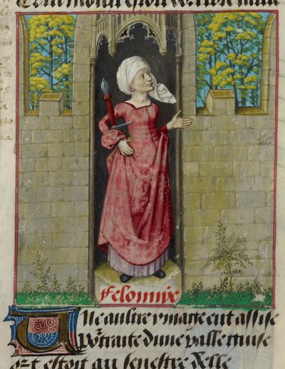 Fragment miniatury alegorycznej postaci Feloniye (Zbrodnia) w pierwszej kolumnie folio z „Le Roman de la Rose” autorstwa Unknown artist