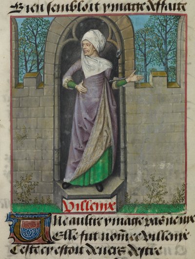 Fragment miniatury alegorycznej postaci Vilenie (Villainy) w drugiej kolumnie folio, z „Le Roman de la Rose” autorstwa Unknown artist