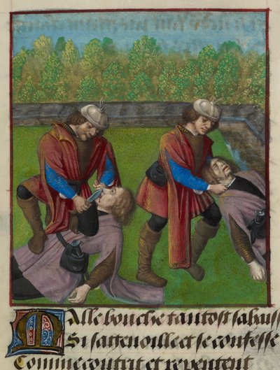 Fragment miniatury przedstawiającej Abstinence Contrainte (Przymusowa abstynencja) i Faux Semblant (fałszywe pozory) zabijających Malebouche