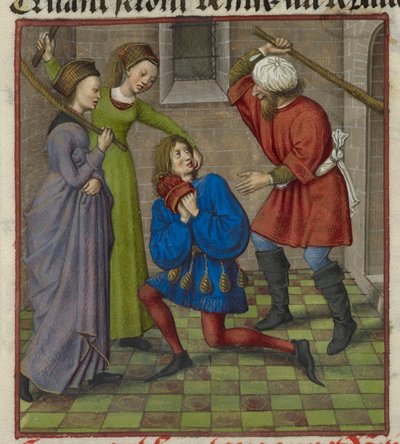 Fragment miniatury przedstawiającej Honte, Peura i Danger atakujących kochanka, z „Le Roman de la Rose” autorstwa Unknown artist