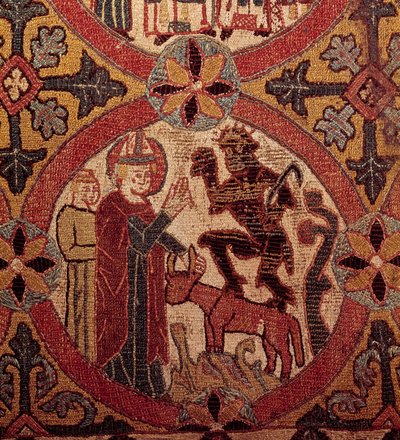 Fragment haftu przedstawiający Kuszenie św. Marcina. Gobelin islandzki. 1390-1403. Paryż, Narodowe Muzeum Średniowiecza, Thermes de Cluny autorstwa Unknown artist
