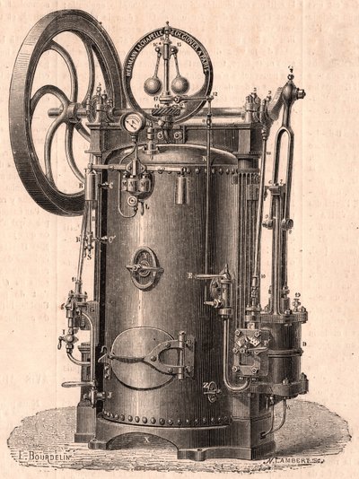 Szczegółowy widok techniczny małego silnika parowego wyprodukowanego w Paryżu w 1866 roku: kocioł, cylinder, tłok, korbowód i koło zamachowe autorstwa Unknown