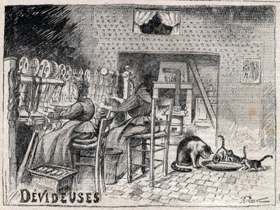 Devideuses - Atelier de Canut - wnętrze warsztatu tkaczy jedwabiu w Lyonie grawer w „Le Progres illustrious” z 1895 r. autorstwa Unknown artist