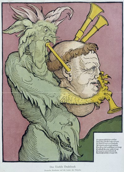 Diabeł grający na dudach z głową mnicha - grawer autorstwa Unknown artist