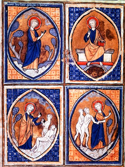 Różne etapy tworzenia świata reprezentowane w mandorach. Miniatura z XIII-wiecznego rękopisu. Porto, Biblioteka Miejska autorstwa Unknown artist