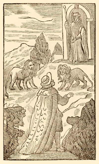 Trudność za nami, strach przed nami z The Pielgrzymki Postęp z tego świata, do tego, który ma nadejść John Bunyan (1628-1688) Christian przechodzi między lwami, gdy czujny tragarz patrzy na autorstwa Unknown
