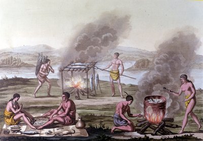Scena kulinarna i kulinarna wśród Indian z Florydy. Grawerowanie z XVII wieku. autorstwa Unknown artist