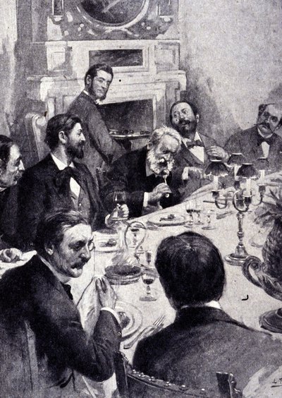 Jadalnia przy stole autorstwa Victora Hugo z Jean Mounet Sully (Mounet-Sully) (1841 - 1916), francuskim aktorem. Rycina XIX wieku. autorstwa Unknown artist