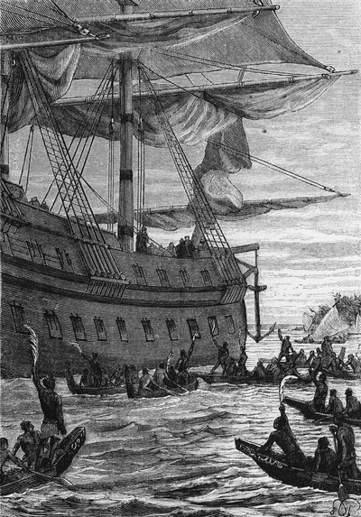 Discovery des Indes: rejs Wallis na Pacyfik; Rdzenni mieszkańcy, którzy spotkają Colonów – w „”Les Voyageurs du 18eme et 19eme ecle”, autorstwa Julesa Verne