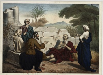 Dyskusja między Jobem a jego przyjaciółmi na temat nieszczęść Joba: Bóg testuje wiarę religijną Joba, która dowodzi jego wierności Bogu, wyjaśniając jego nieszczęścia jako karę za jego grzechy. Anonimowy rycina z połowy XIX wieku. autorstwa Unknown artist