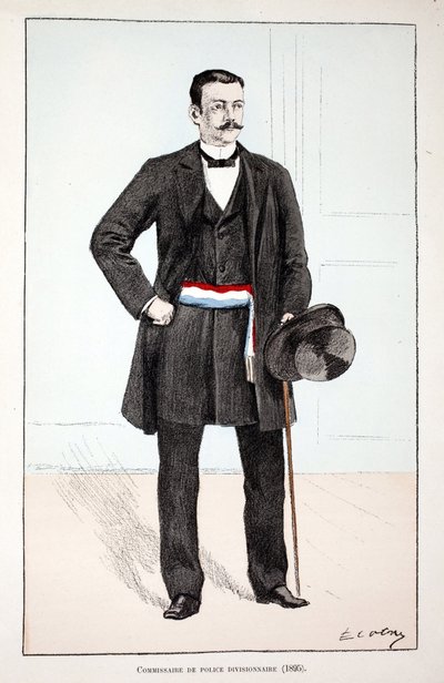 Komisarz Oddziałowy Policji (1896). Akwaforta w kolorach, dla ilustracji „Historia korpusu sił pokojowych””” książka wydana pod patronatem Louisa Lepine’a (1846-1933) prefekta policji nad Sekwaną, autorstwa Alfreda Reya (1864-?) i Louisa Irona autorstwa Unknown artist