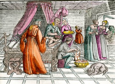 Lekarz: „”Trepanacja””” Chirurg operuje czaszkę swojego pacjenta. Rycina XVI-wiecznej kolekcji prywatnej autorstwa Unknown artist