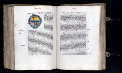 Podwójna strona ze schematyczną mapą świata na modelu T-O (TO) przedstawia trzy kontynenty (Azja, Afryka i Europa). Rękopis „”Ethymologies”” (Etymologiae) autorstwa Izydora (Izydora z Sewilli) (560/570-636) XII wiek. 1472 autorstwa Unknown artist