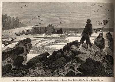 Dr Hayes przybywa na wolne morze bieguna arktycznego, co jest celem jego wyprawy, zakłada amerykański sztandar gwiezdny. Grawer ilustrujący wyprawę na wolne morze bieguna arktycznego, autorstwa doktora Hayesa, chirurga Marynarki Wojennej Stanów Zjednoczony autorstwa Unknown artist