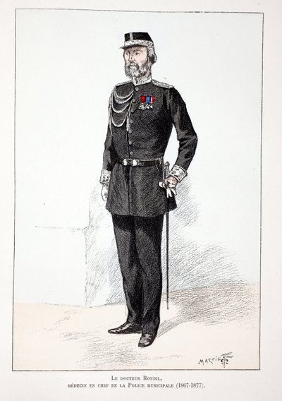 dr Roudil, naczelny lekarz straży miejskiej (1867-1877). Akwaforta w kolorach, dla ilustracji „Historia Korpusu Strażników Pokoju””” wydana pod patronatem Louisa Lepine