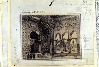 Rysunek do scenerii Sceny 3 aktu II opery „I Lombardi” lub „Lombardzi na pierwszej krucjacie”” skomponowanej przez Giuseppe Verdiego (1813 - 1901) w 1843 r. autorstwa Unknown artist