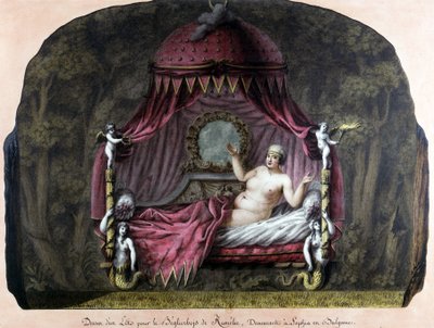 Rysunek łóżka dla beja di Roumelie, zamieszkałego w Sofii w Bułgarii. Naga kobieta zaprasza ją, by do niej dołączyła. JJ Lepreu. autorstwa Unknown artist