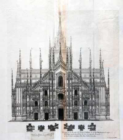 Rysunek fasady Duomo w Mediolanie ukazujący jej jednolitość z bryłą budynku. Wiele projektów architektonicznych zostało zaprojektowanych około XVII wieku, aby uzupełnić fasadę, która pozostała niedokończona. autorstwa Unknown artist