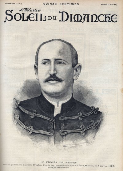 Sprawa Dreyfusa: portret Alfreda Dreyfusa (1859-1935) po jego degradacji podczas procesu w Rennes. Grawerowanie w „”Le sun-du-dimanche”, 13 sierpnia autorstwa Unknown artist