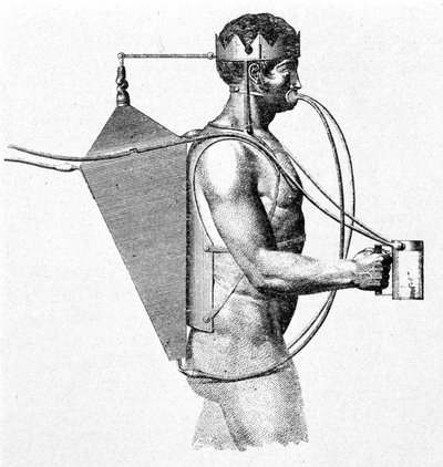 Projekt Scaphandre Drieberga z 1802 r., znany jako tryton. Powietrze wpada prosto do ust mężczyzny. autorstwa Unknown artist