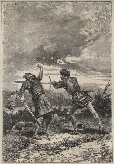 Pojedynek i śmierć Oak Torquila - XIX-wieczna ilustracja do powieści historycznej „Ładna dziewczyna z Perth lub Walentynki (Walentynki; lub Piękna panna z Perth) autorstwa Waltera Scotta (1771-1832) autorstwa Unknown artist