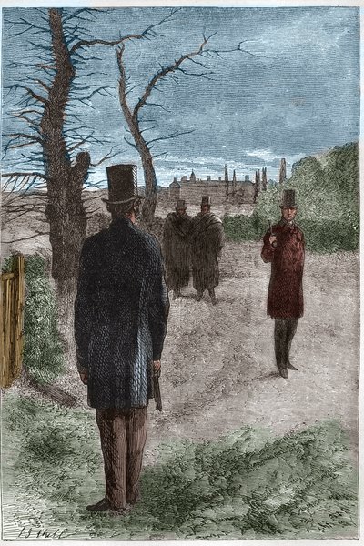 Pojedynek pomiędzy Georgem Williamem Finch-Hattonem (Finch Hatton), hrabią Winchilsea (1791-1858) i Arthurem Wellesleyem, księciem Wellington (1769-1852) na Battersea Fields, w dniu 21 marca 1829 r. autorstwa Unknown artist