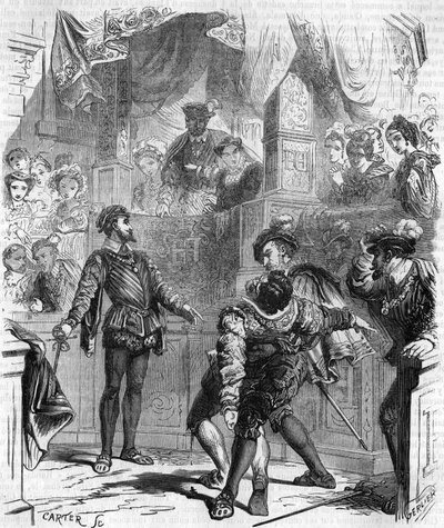 Pojedynek na miecz François de La Chataigneraie przeciwko Guy de Jarnac; Jarnac śmiertelnie zranił przeciwnika, przecinając mu podudzie; w 1547 r. rycina z XIX wieku. autorstwa Unknown artist