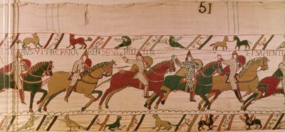 Książę William wzywa swoje wojska do przygotowania się mądrze jak ludzie do bitwy przeciwko armii angielskiej, gobelin z Bayeux (haft z wełny na płótnie) autorstwa Unknown artist